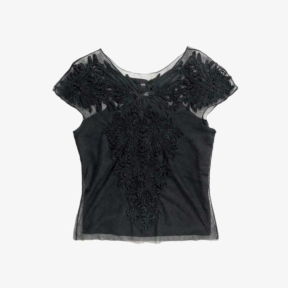 Vintage Black Embroidered Mesh Overlay Short Sleeve Top by Vivienne Tam